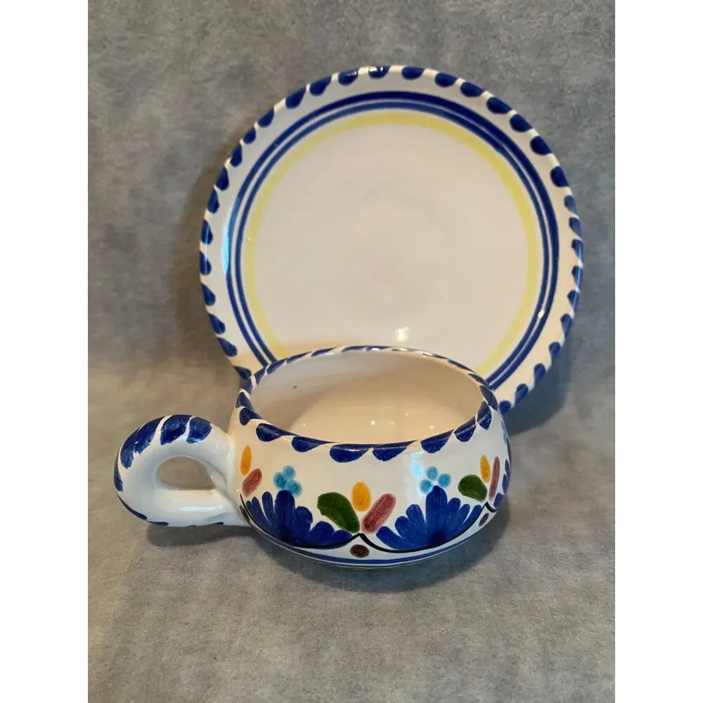 Hand Painted Cup and Saucer Spanish Blue White Rivas on‎ Bottom Spain